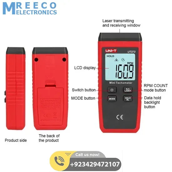 UNI T UT373 Mini Tachometer RPM Meter - Top View