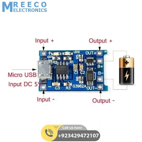 TP4056 1A Li-Ion Battery Charging Board Micro USB with Current Protection BMS - Top View