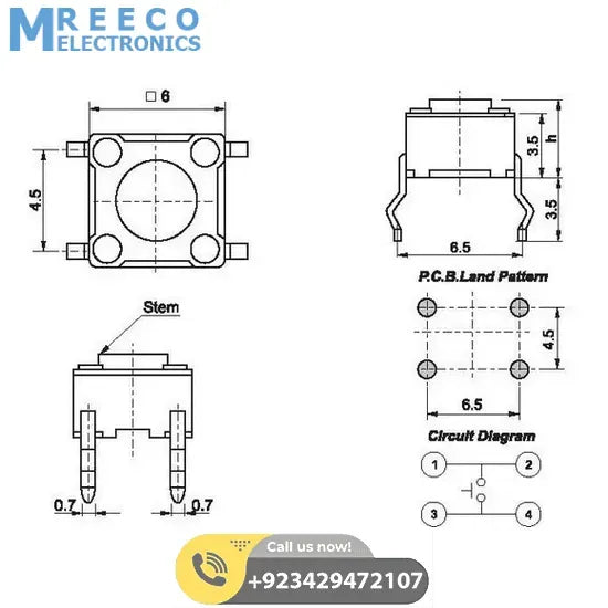 Momentary Tactile DIP Push Button Switch - Side View