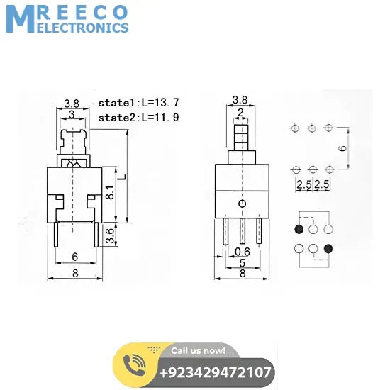 6 Pin Push Lock Button 7X7 PCB Mount DPDT Switch - Back View
