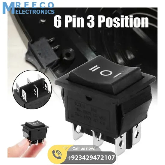 6 Pin 3 Position DPDT Rocker Switch ON OFF ON Power Button Switch - Front View
