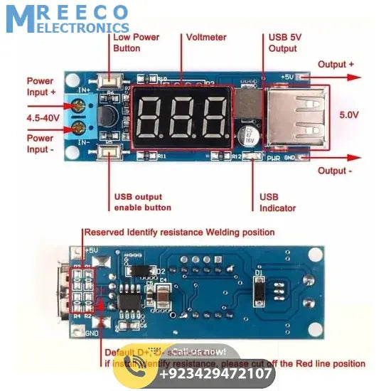 DC To DC 2A USB Charger 4.5-40V To 5V Step-down Buck Converter Voltmeter Module - Bottom View