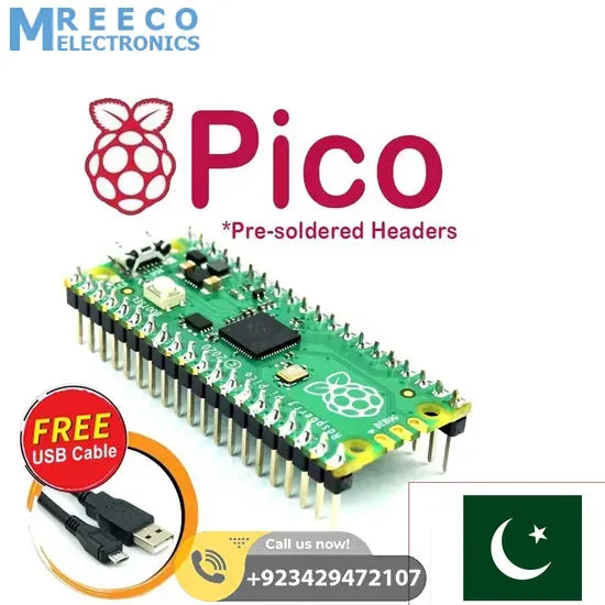 Pre soldered Raspberry Pi Pico RP2040 Microcontroller With USB Cable - Front View