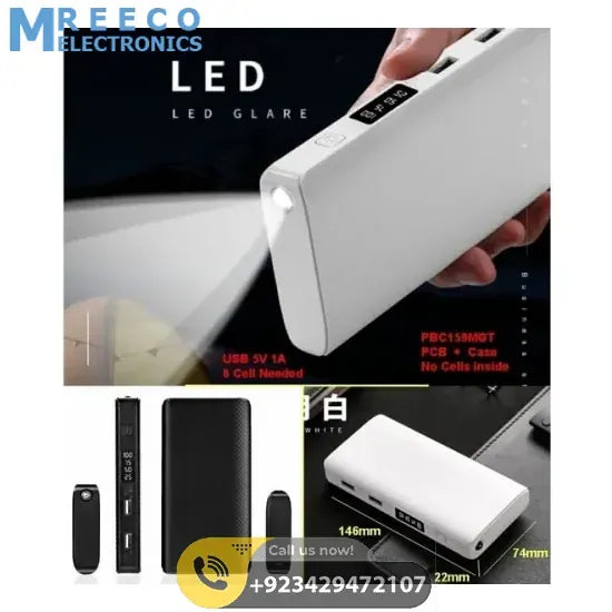 PBC159 Power Bank Housing Case With BMS Digital LED Display And PCB Board LED Torch Light - Front View