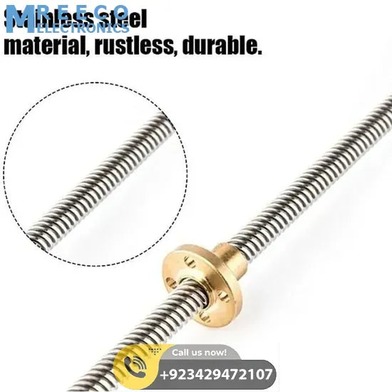 T8 300mmx8mm Screw Threaded Rod With Brass Nut - Side View