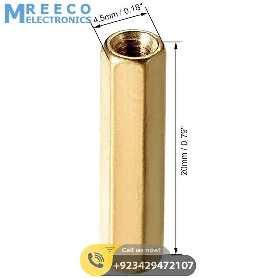 M3x20mm Female To Female Thread Brass Hex Standoff PCB Pillar Spacer - Side View