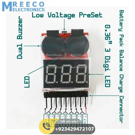 LiPo Buzzer Battery Voltage Indicator Volt Meter Battery Level Tester 1S-8S with Buzzer In Pakistan - Side View