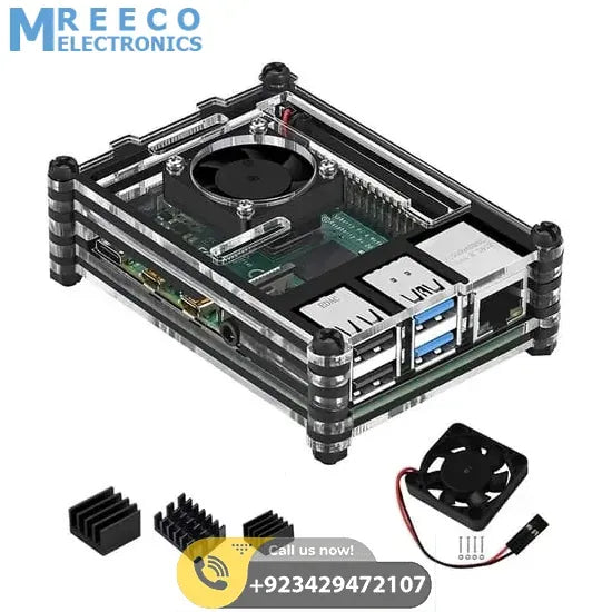 Transparent Acrylic Case For Raspberry Pi 4B With Cooling Fan And Heat Sink Clear And Black Case - Front View