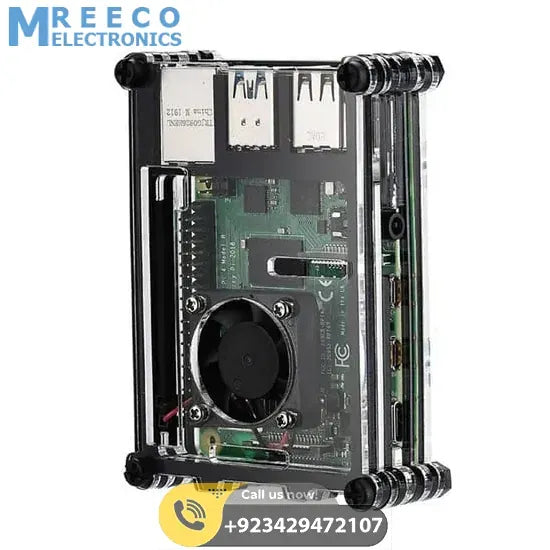 Transparent Acrylic Case For Raspberry Pi 4B With Cooling Fan And Heat Sink Clear And Black Case - Side View