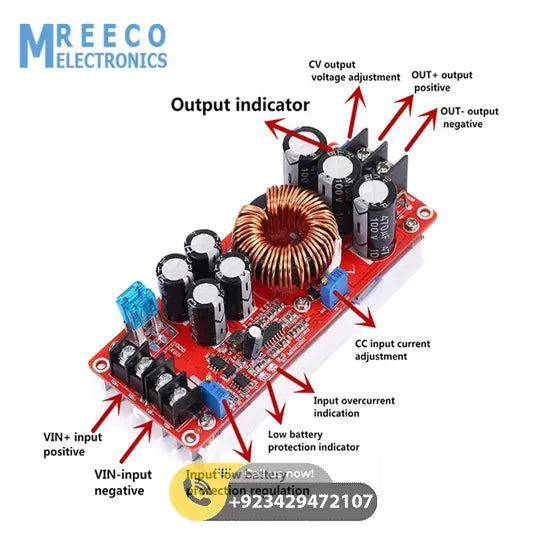 1200W 20A DC Converter Boost Step-up Power Supply Module IN 8-60V OUT 12-83V - Side View