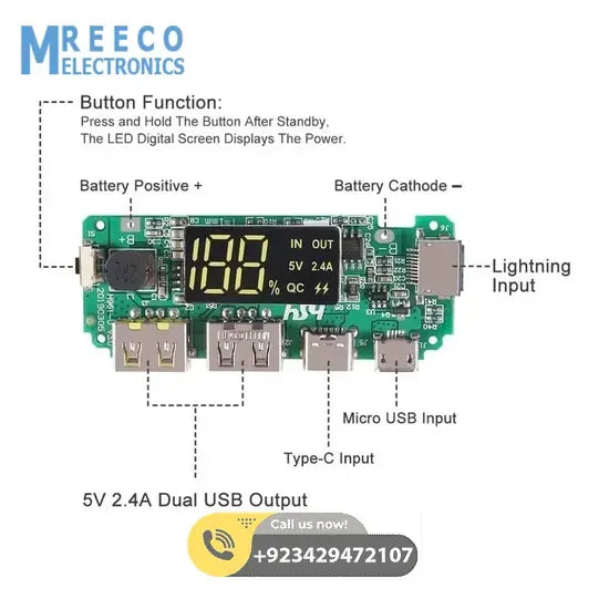 Power Bank Module for 18650 Cells and Lithium Polymer Batteries - Back View
