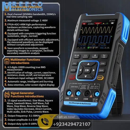 FNIRSI® 2C53T 50MHz 250MS/s Handheld 3in1 Oscilloscope Multimeter Signal Generator