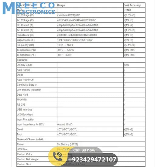 UNI T Digital Multimeter UT-109 - Angle View