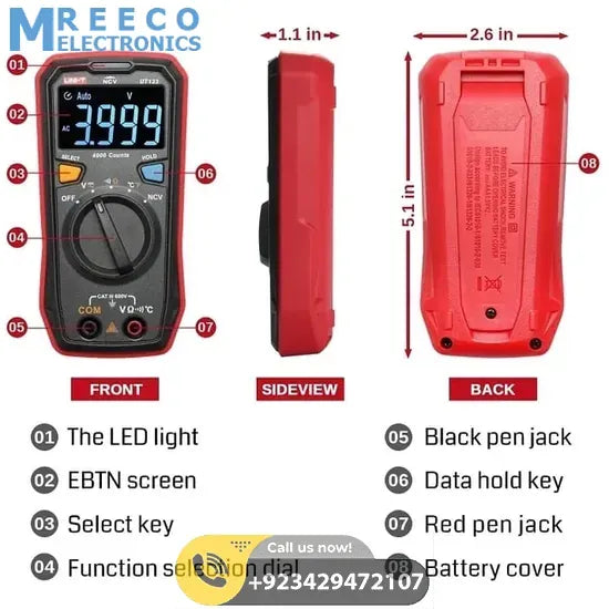 UNI T UT123 Residential Digital Multimeter - Angle View