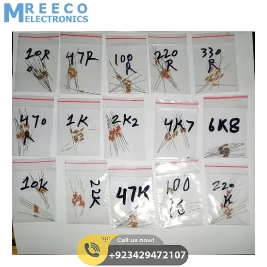150pcs Resistor Pack of 15 Values 10R,47R,100R,220R,330R,470R,1K,2.2K,4.7K,6.8K,10K,22K,47K,100K,220K - Front View