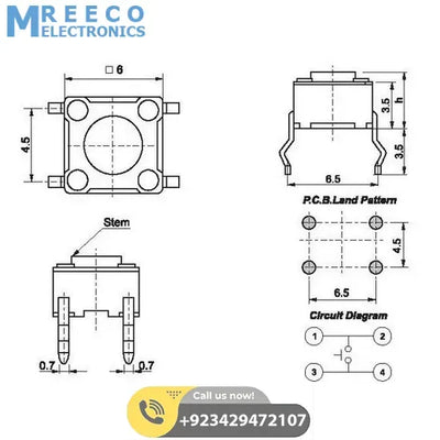 Momentary Tactile DIP Push Button Switch - Side View