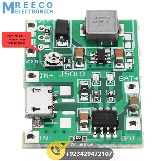 J5019 HW 357 Adjustable UPS Li Ion Charger with 4.5 To 24 Volts Boost Module 3.7V 9V 5V 2A Adjustable Step Up 18650 Lithium Battery Charging Discharge Boost Converter TP4056 - Top View