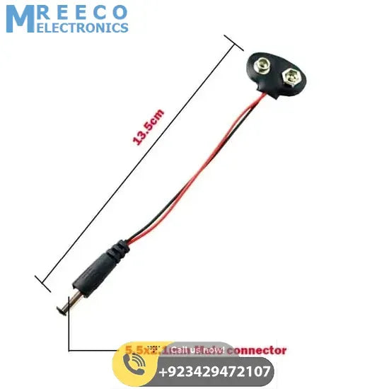 9V Battery Snap Connector to DC Male Power Adapter Cable for Arduino - Side View