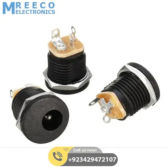 DC-022 DC Power Jack PCB Mount Female Connector 3 Pin with Nut 5.5mm x 2.1mm - Front View