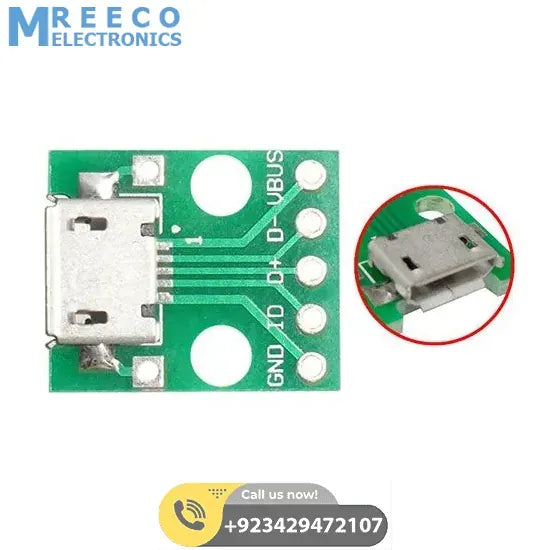 Female MICRO USB to DIP 5-Pin Bread Board Power Supply Breadboard Power Supply - Front View