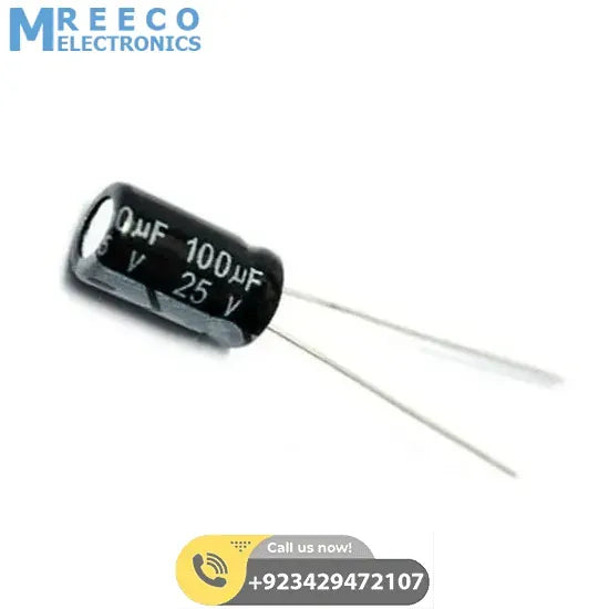Aluminium 100uF 25V Electrolytic Polar Capacitor - Front View