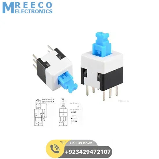6 Pin Push Lock Button 7X7 PCB Mount DPDT Switch - Front View