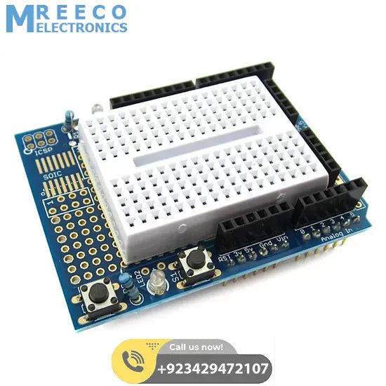 Arduino UNO Proto Shield With SYB-170 Mini Breadboard in Pakistan - Side View