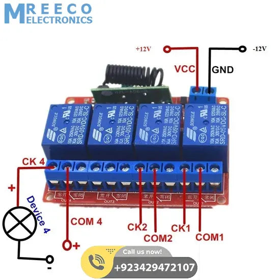 4 Channels RF Remote Control Module DC 12v - Back View
