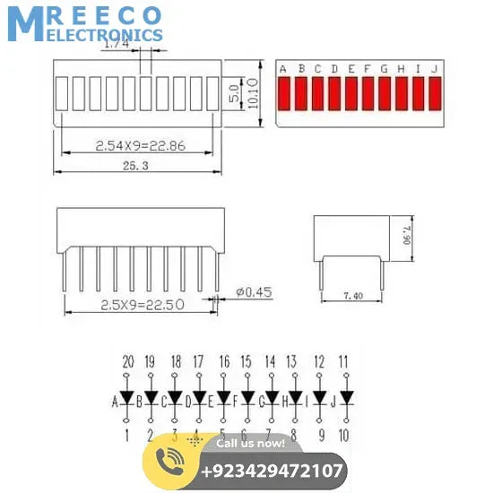 10 Segment LED Bar Graph Red - Bottom View