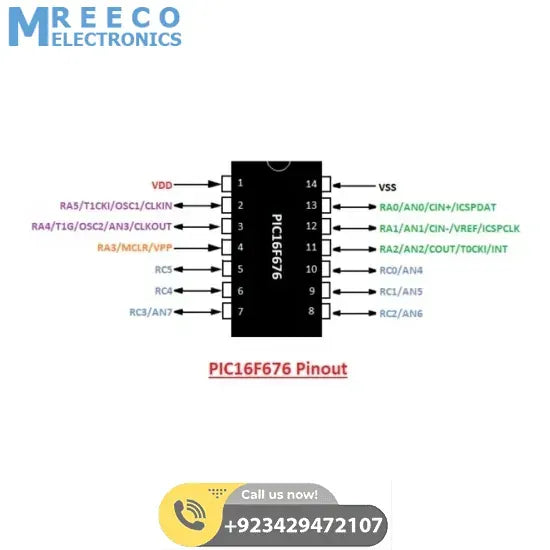 14 Dip 8 bit Microcontroller PIC16F676 - Side View
