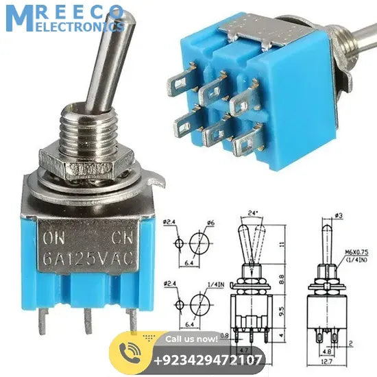 Mini MTS-203 6-Pin DPDT 6A 125VAC Toggle Switch 6 Pin On Off Toggle Switch 2 Positions - Front View