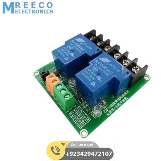 5V 30A 2-channel relay module - Front View