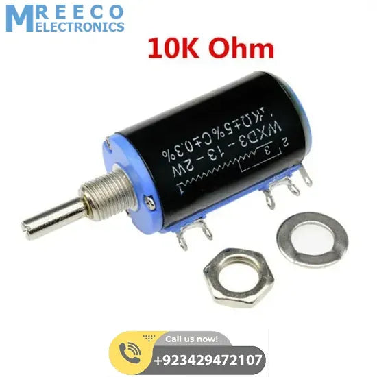 Sourcing Map WXD3-13-2W-10K ohm 2W 4mm Shaft Multi Turn Rotary Wire Wound Potentiometer - Front View