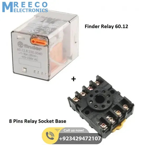 Finder Relay 220VAC 60.12 With 8pin Rail-Mount Relay Socket Relay Base - Front View