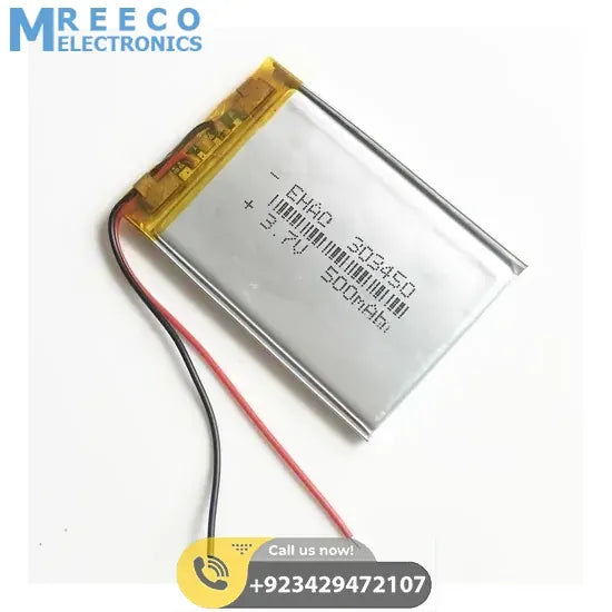 3.7V 500mAh Lithium Polymer Rechargeable Battery - Side View