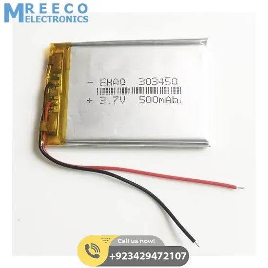 3.7V 500mAh Lithium Polymer Rechargeable Battery - Back View