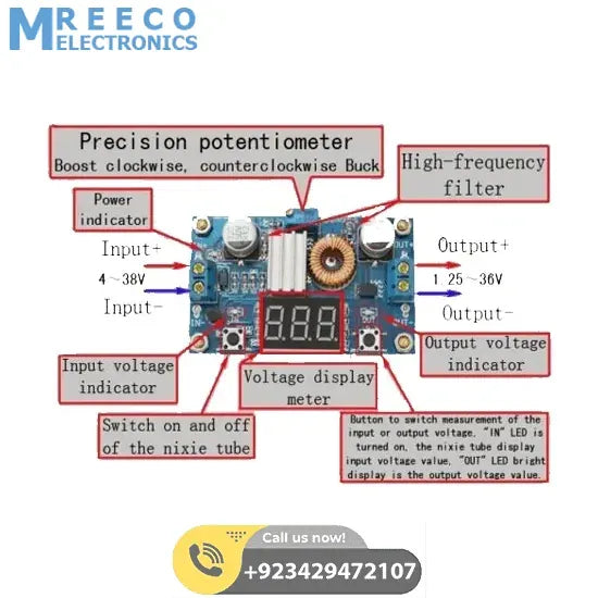 Adjustable Step Down Power Supply Module with Voltmeter Display XL4015 - Back View