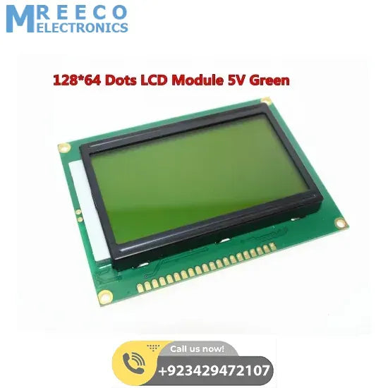 Green Color 128X64 Graphical LCD Display Green - Front View