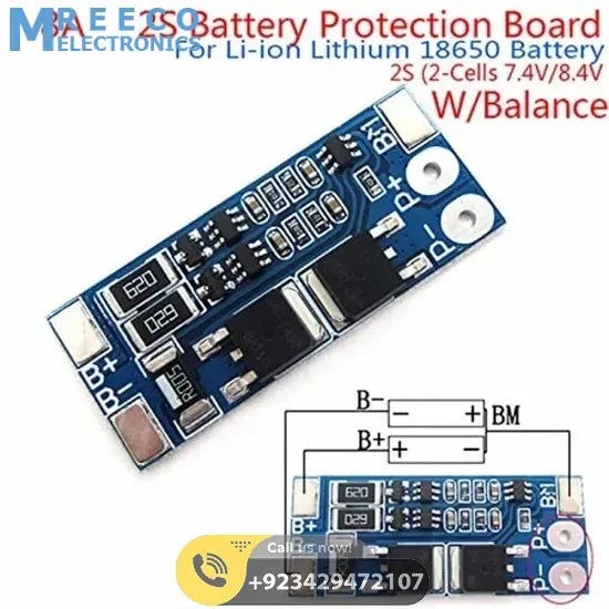 Battery Protection Board 2S 8A BMS For 18650 Lithium Ion Cells HX-2S-JH10 - Front View