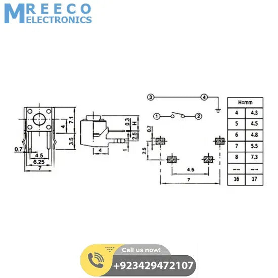 6x6x1.6mm Right Angle PCB Mini Momentary Tactile Push Button Switch - Side View