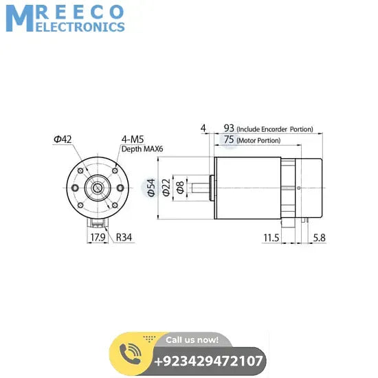 Nisca Servo DC motor with encoder NF5475E DC 24v to 38V and 3500 to 5000rpm - Back View
