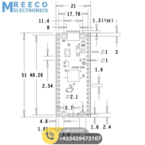 Pre soldered Raspberry Pi Pico RP2040 Microcontroller With USB Cable - Top View