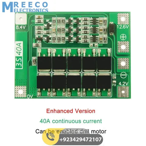 3S 40A BMS 11.1V 12.6V 18650 Lithium Battery Protection Board with 100mA Balancing Feature - Front View