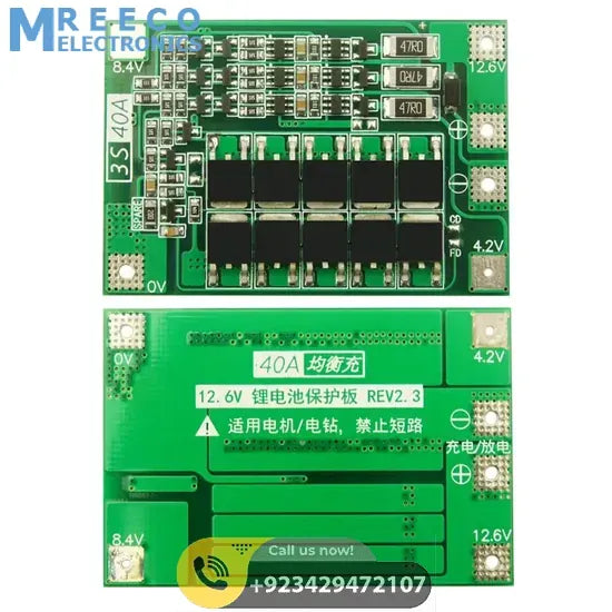 3S 40A BMS 11.1V 12.6V 18650 Lithium Battery Protection Board with 100mA Balancing Feature - Back View