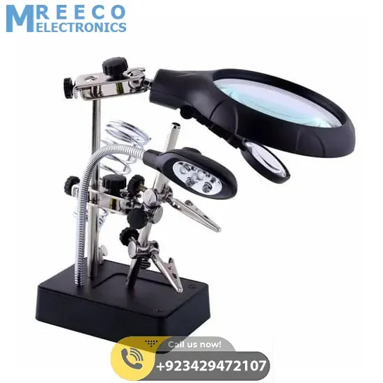 Magnifying Glass 5 LED Auxiliary Clip Magnifier 3 In1 Hand Soldering Solder Iron Stand Holder Station - Front View