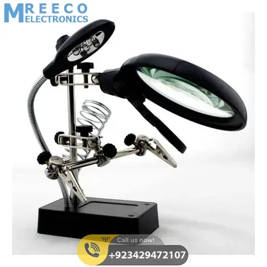 Magnifying Glass 5 LED Auxiliary Clip Magnifier 3 In1 Hand Soldering Solder Iron Stand Holder Station - Side View