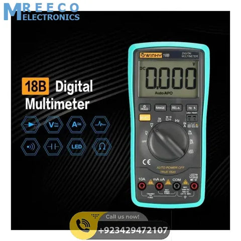 Digital Multimeter 18B True Tester RMS AC DC Volt Amp Ohm Capacitance LED Diode Frequency Meter Test 5999 Backlight Counts - Front View