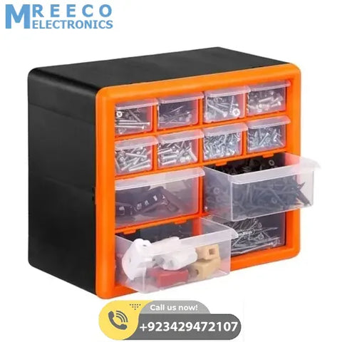 12 Drawer Tool Component Organizer Plastic Storage Box Container - Front View