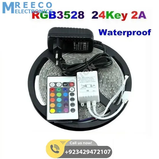 RGB LED Strip With Remote And Power Supply White Background 12v 5Meter 24 Key Remote - Front View