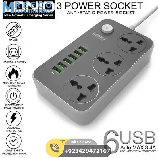 Extension Lead With 6 USB Mobile Charging Port SC3604 - Front View